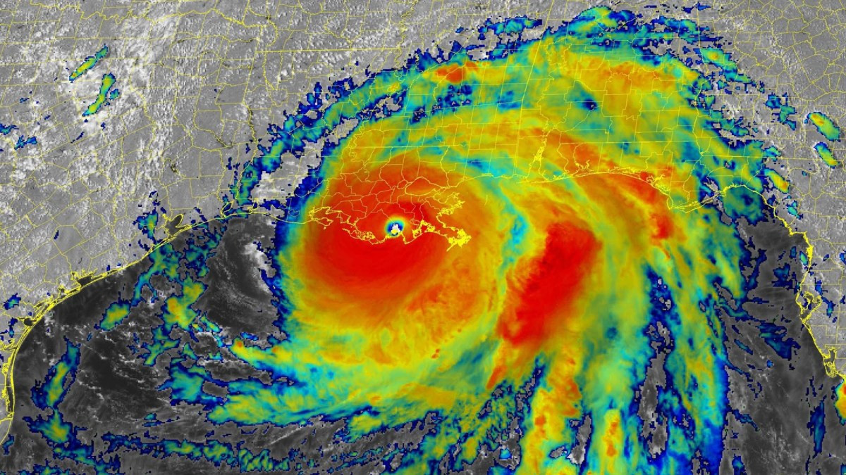 Satellite view of a hurricane making landfall